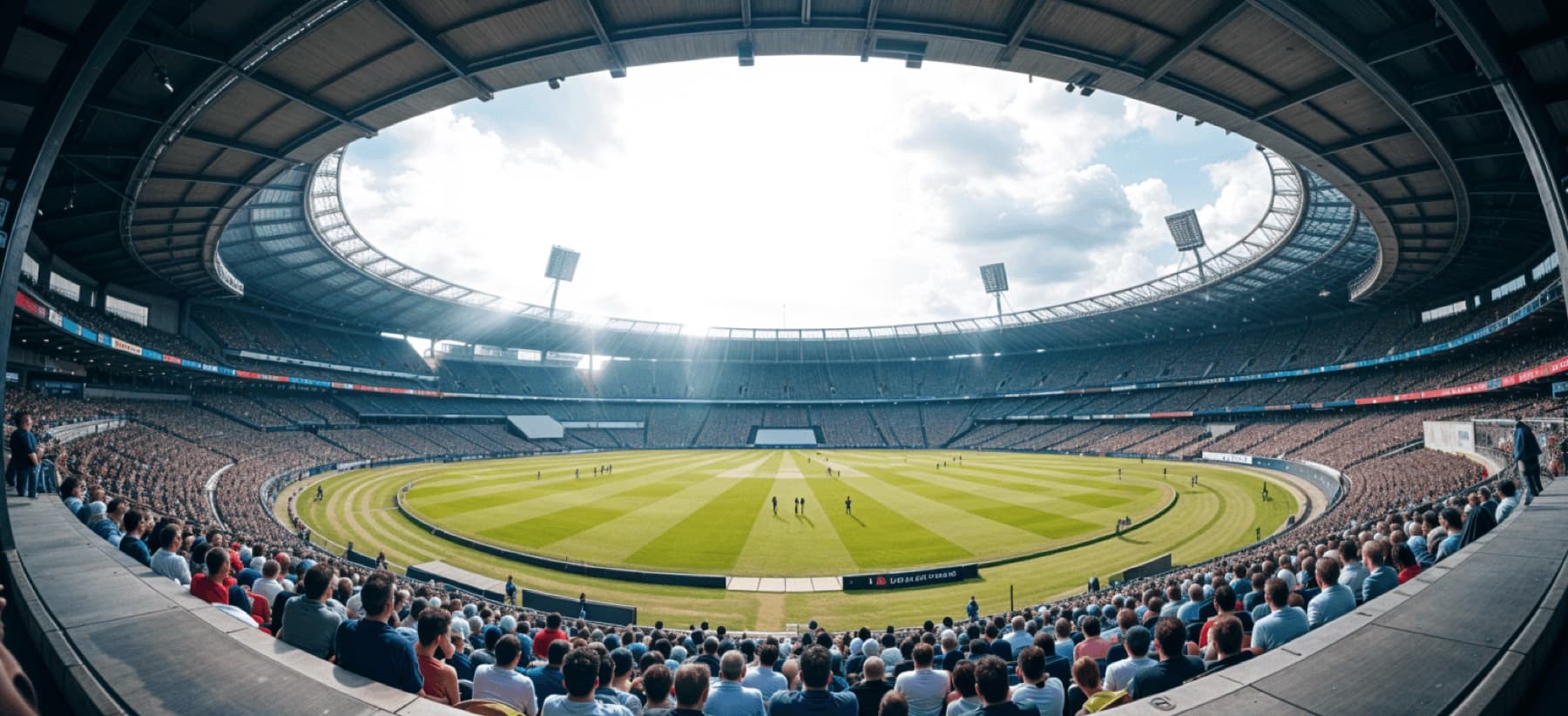 A packed cricket stadium under open skies
